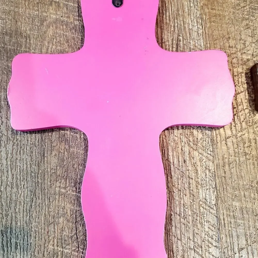 Decorative faith pink green polka dots crosses brown religious crafts Wreath